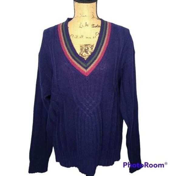 Vintage Navy Blue V-neck Unisex Shetland Wool Sweater - Picture 1 of 14